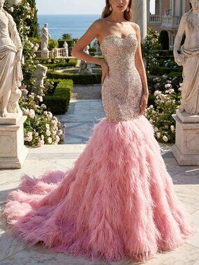 💗Couture Luxurious Ostrich Feathers Designer Embroidery Evening Prom Gown Dress